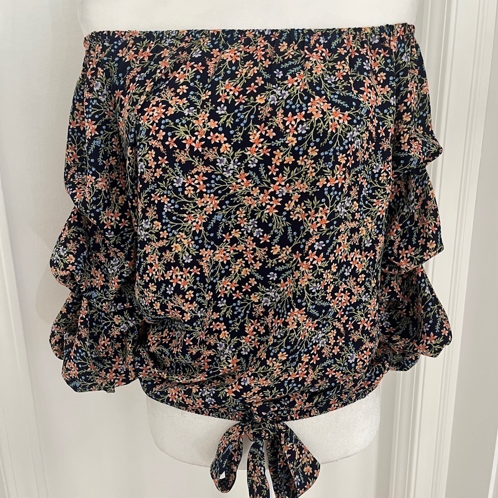 Cece Navy Floral Off Shoulder Elastic Tie Blouse Sz S *P14